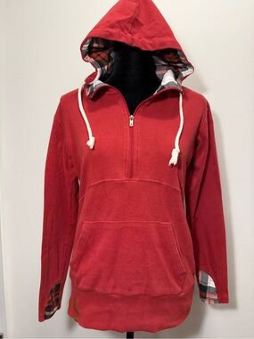 AMPERSAND AVE Red Half-Zip Hoodie with Plaid Trim
